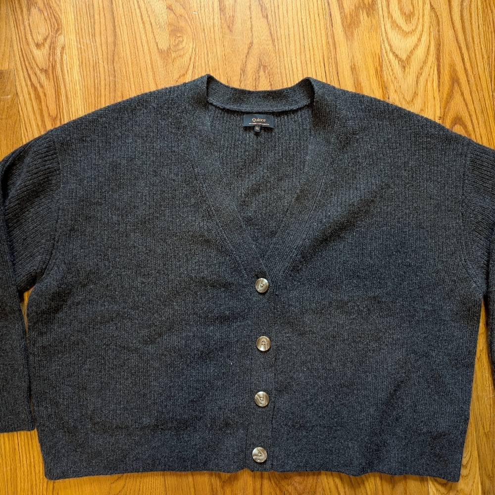 Quince Cropped V-neck Cashmere Cardigan, Gray, XL